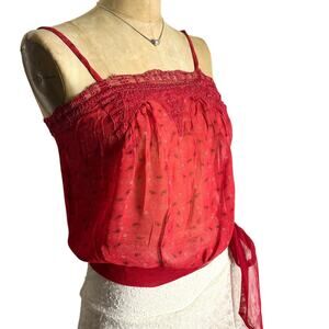 Vintage Angie Red Sheer Paisley Boho Tank Indie Festival Top Size Lace Trim S M